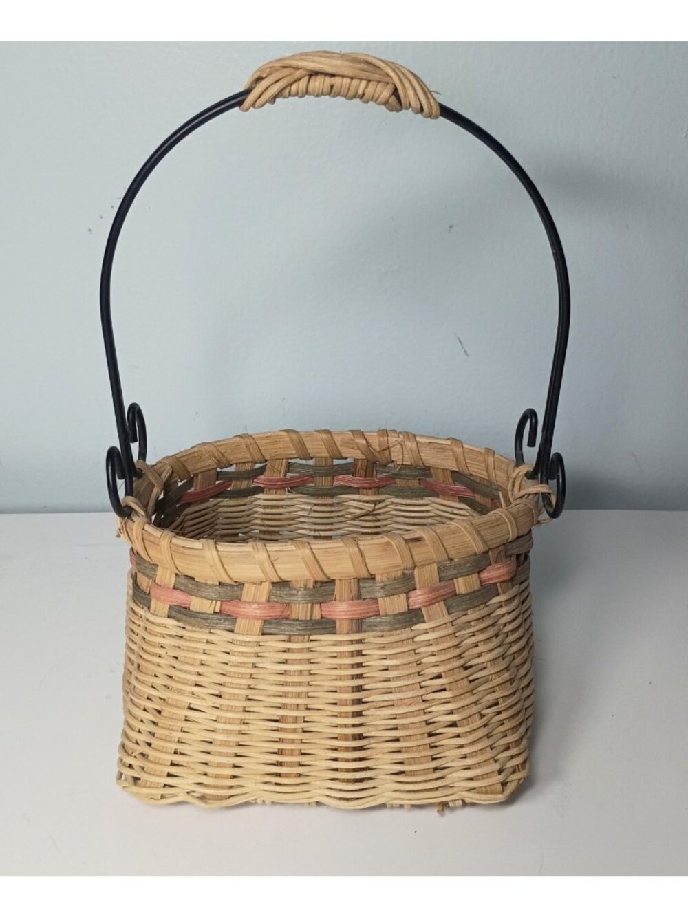 Handwoven Square to Round Splint Wood Reed Basket Wire Handle Vintage